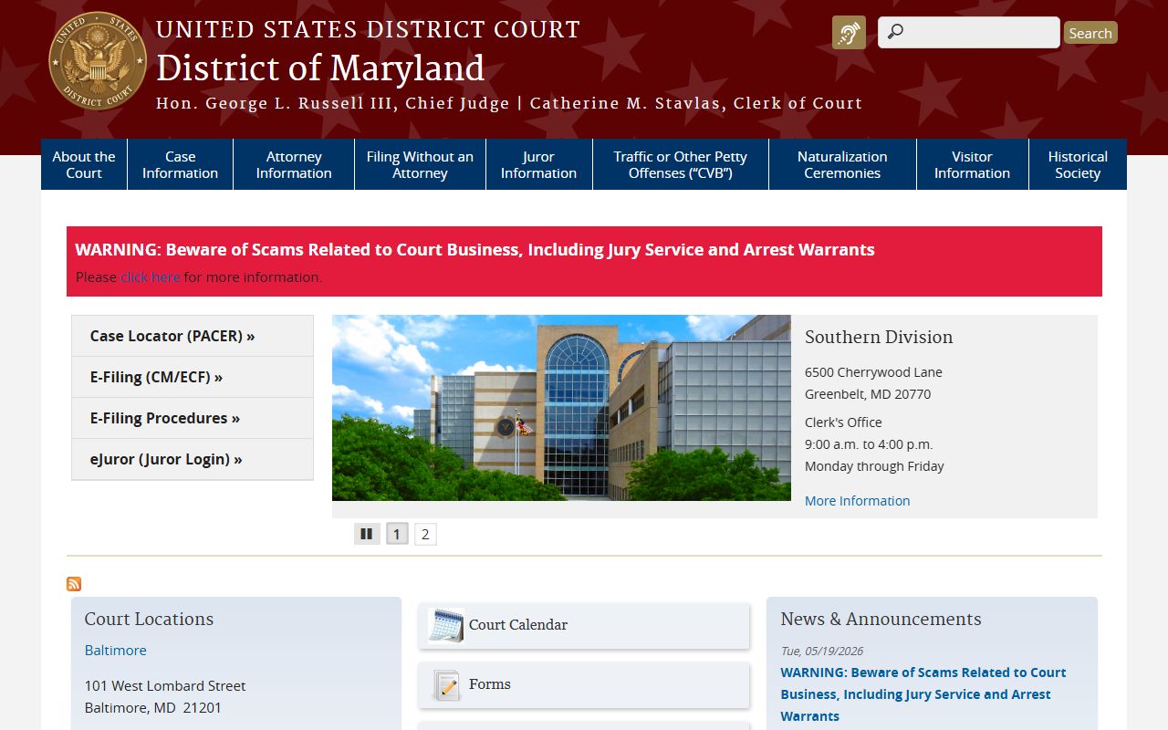 St. Mary's County Clerk of the Circuit Court records and federal District of Maryland access distinction