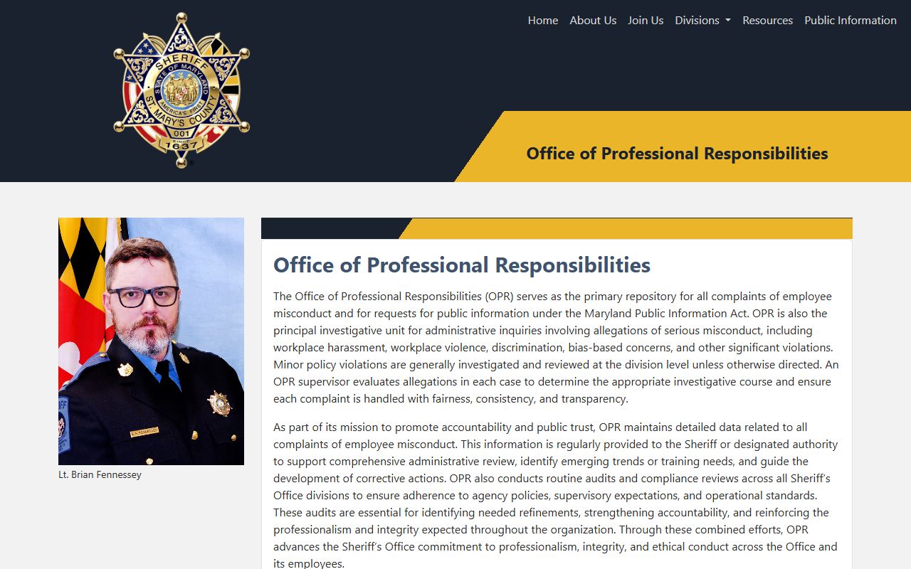 St. Mary's Sheriff's Office of Professional Responsibilities page