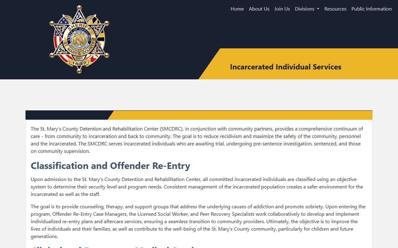St. Mary's incarcerated individual services page