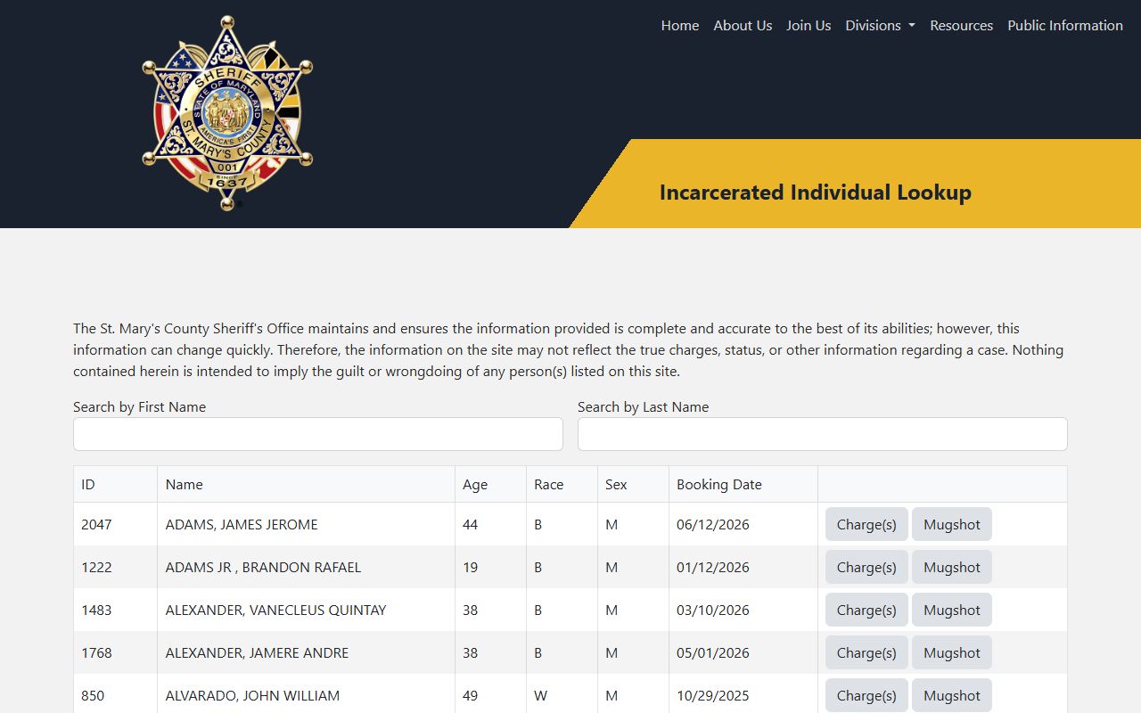 St. Mary's County Sheriff's detention center incarcerated-individual lookup