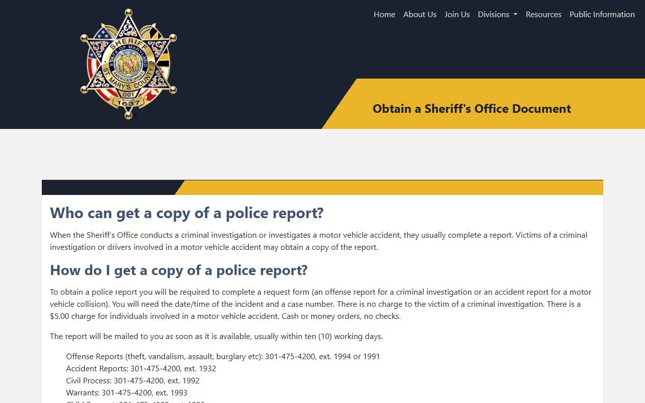 St. Mary's Sheriff's police report and records page
