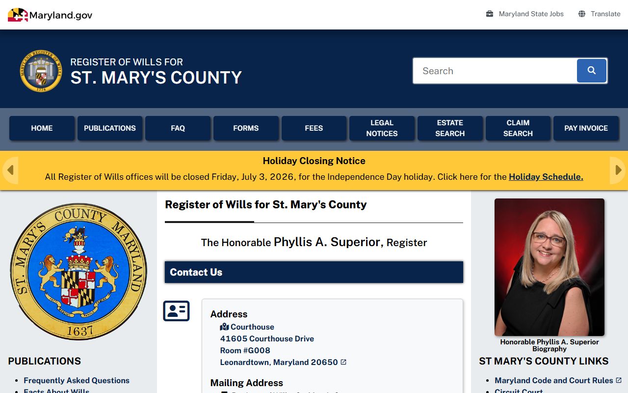 St. Mary's County Orphans' Court and estate records Register of Wills page