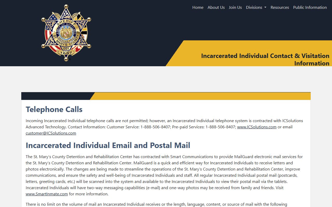 St. Mary's County incarcerated individual contact and visitation page