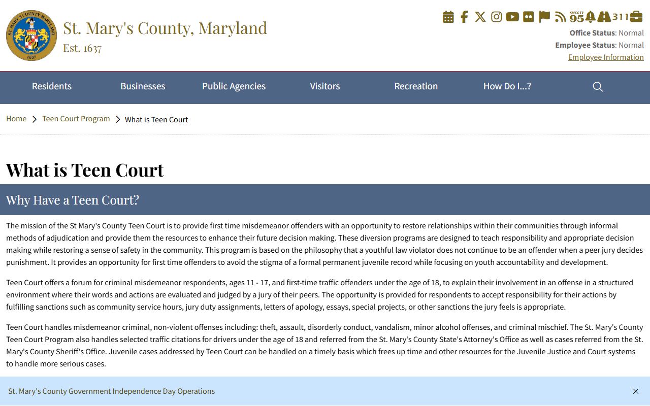 St. Mary's County marriage and divorce records Teen Court public access context