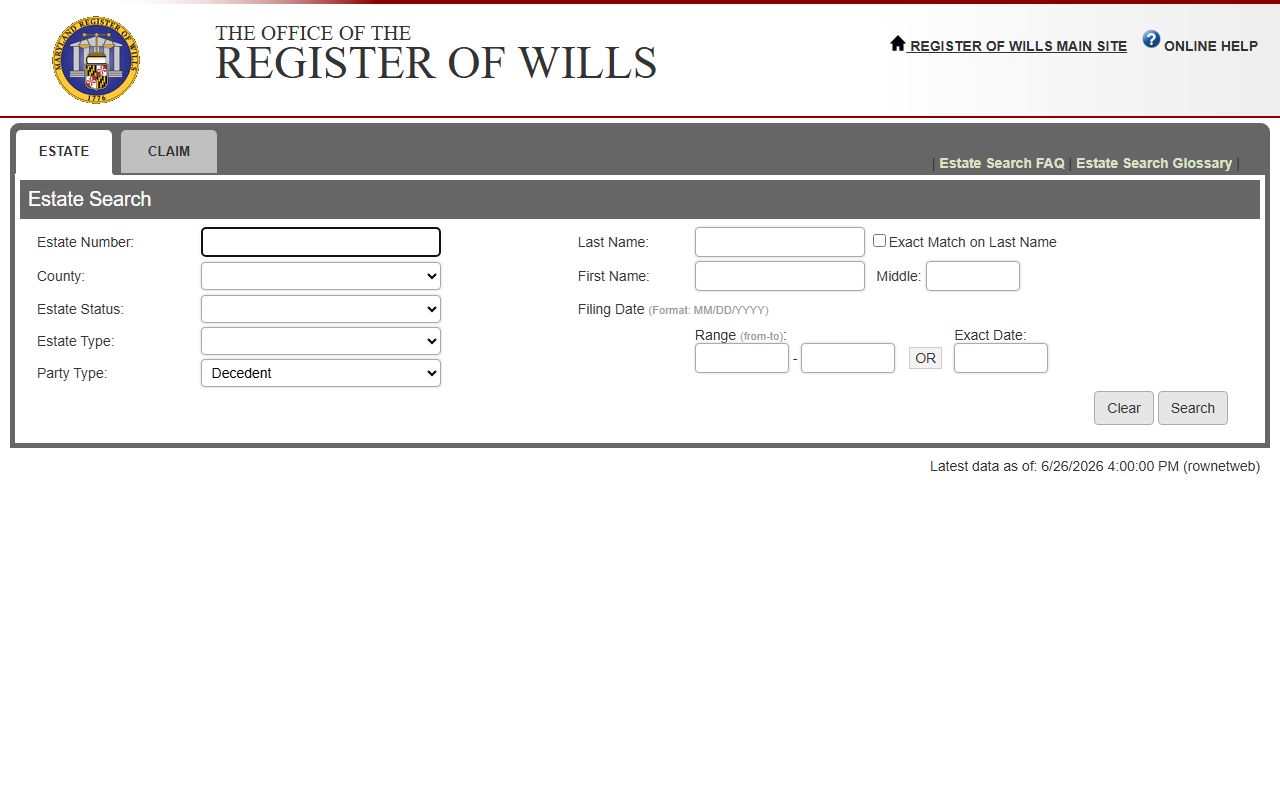 St. Mary's County probate records Maryland Estate Search form fields