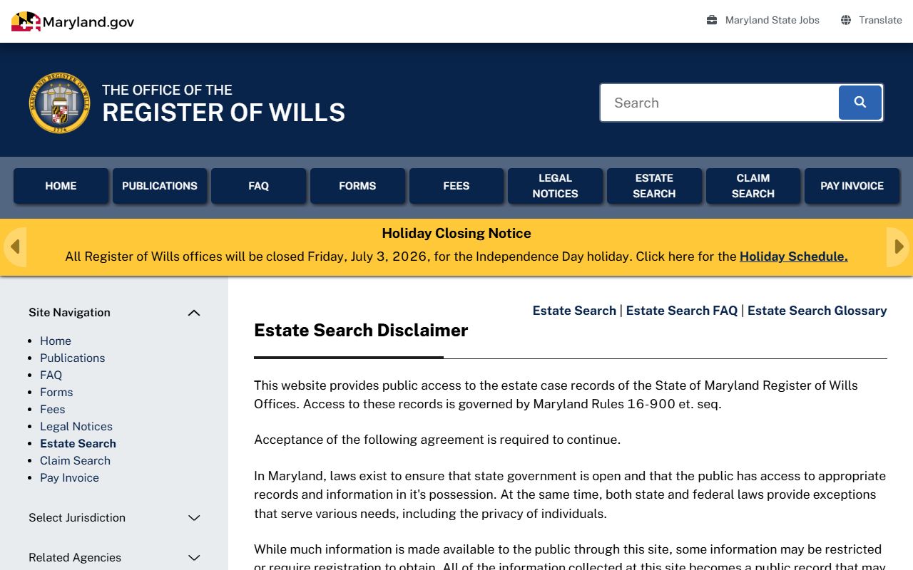 St. Mary's County probate records Maryland Estate Search access page