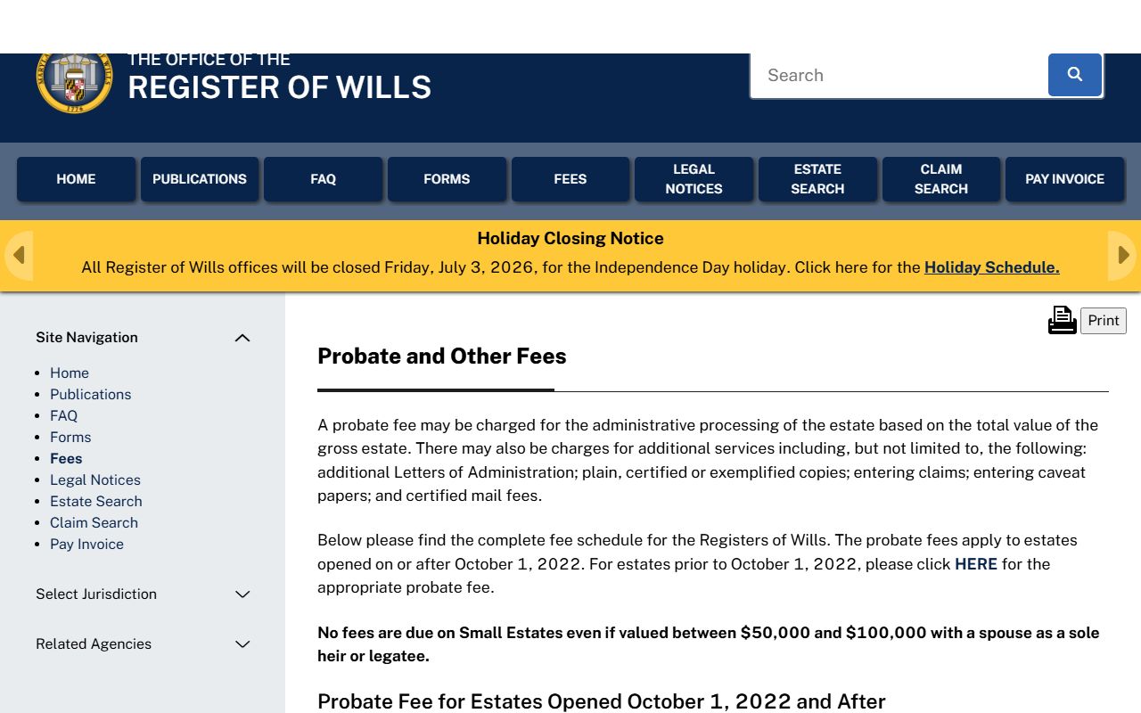 St. Mary's County probate records Register of Wills fee schedule