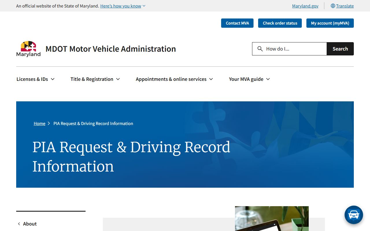 Maryland MVA driving record request information