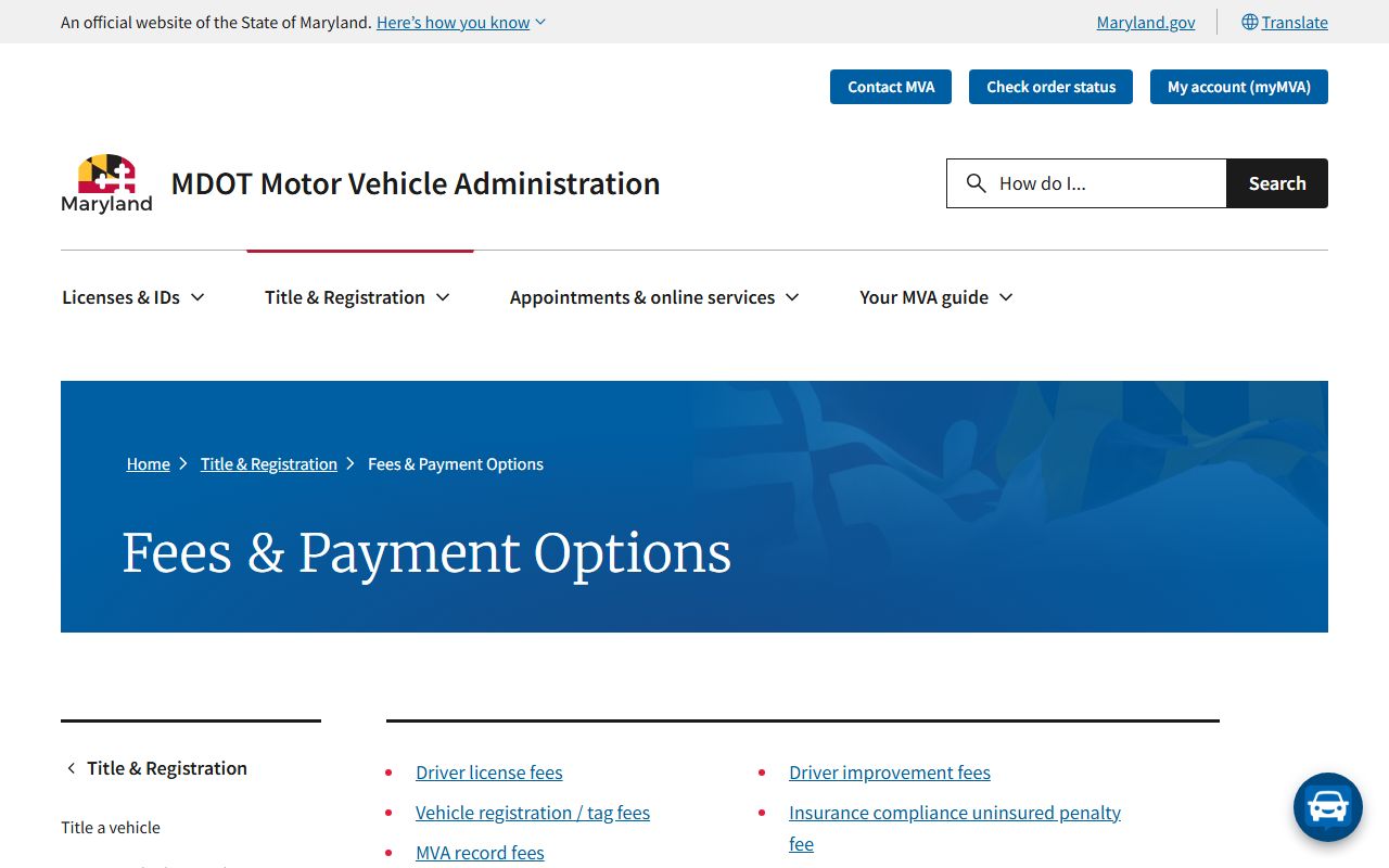 Maryland MVA fees and payment options page