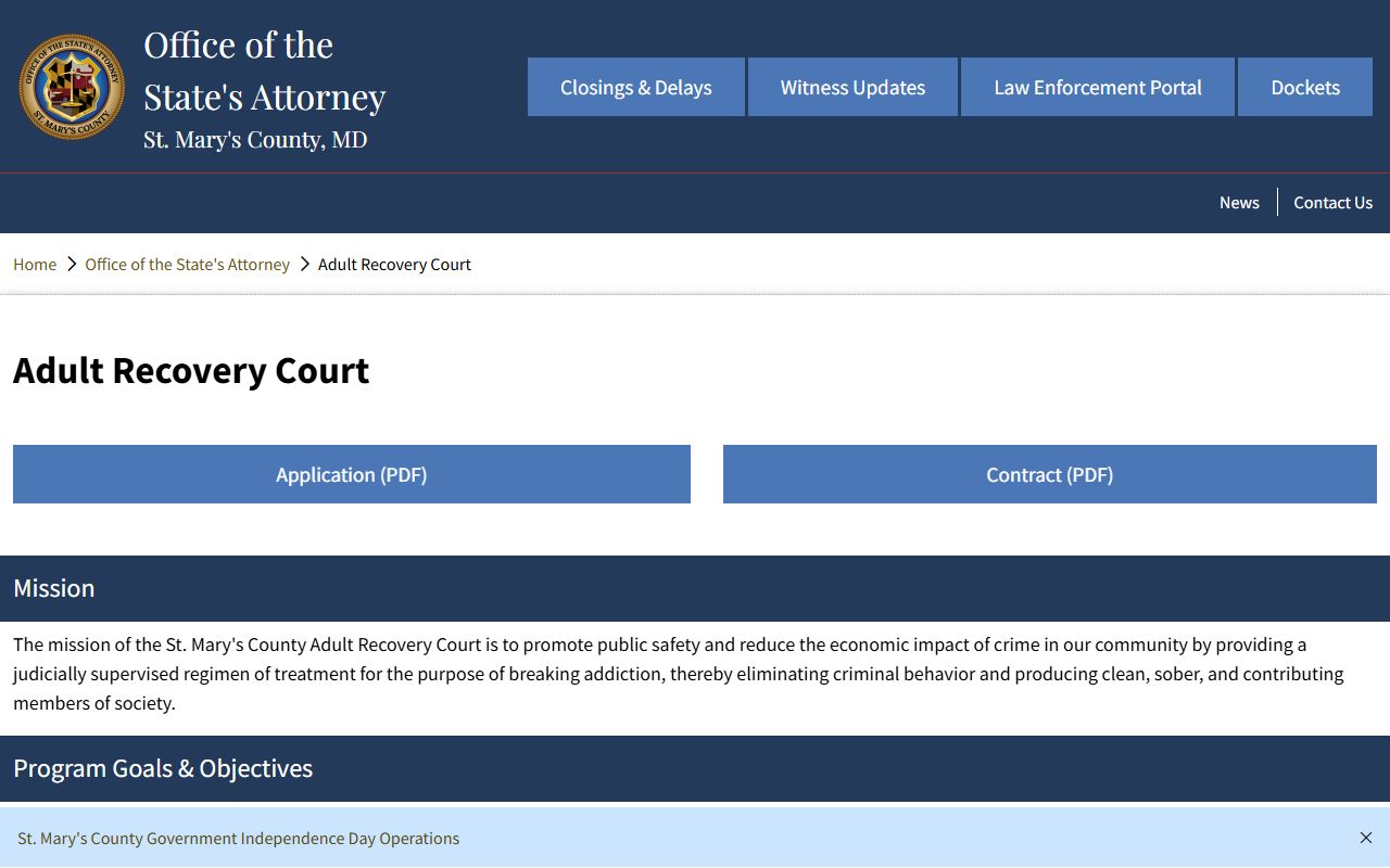 St. Mary's County Adult Recovery Court page