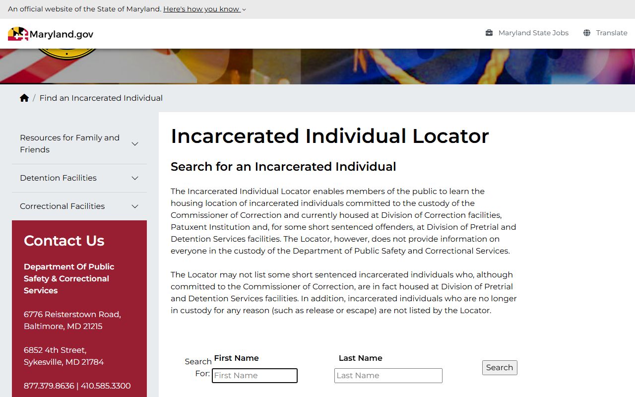 Maryland DPSCS inmate locator for state custody searches