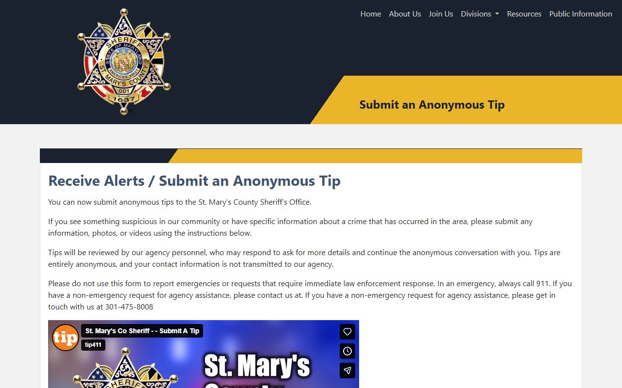 St. Mary's County Sheriff's Office Tip411 tips page